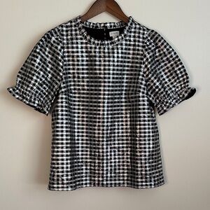J. Crew Holiday Black and Silver Gingham Metallic Blouse